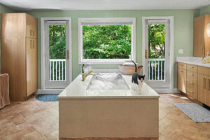 Cat stands on the edge of a bathtub in a modern bathroom with large windows and views of green trees outside.