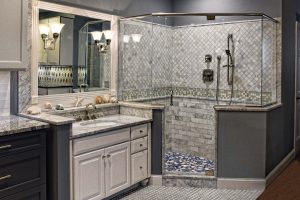 Grey, blue, and white themed bathroom