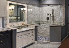 Grey, blue, and white themed bathroom
